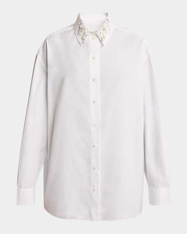 Beaded Pearly Collar Button Down Cotton Blouse